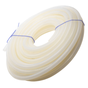 Angled view of a large clear coil of silicone tubing available from Silclear Silicone Solutions, secured with blue silicone ties.